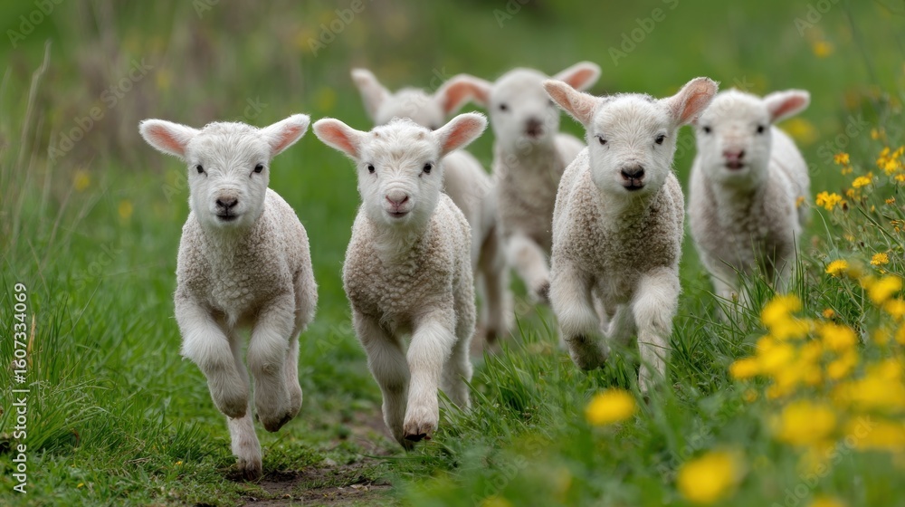 Obraz premium Fluffy lambs running in a field