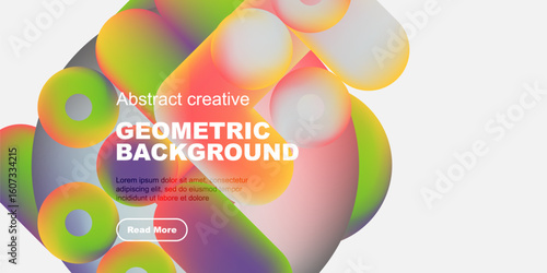 Colorful abstract shapes overlap, creating dynamic geometric background. Text promotes content with read more button.