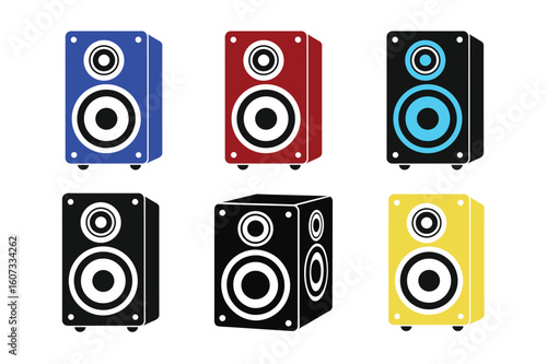 6 icons of Black silhouette of a stereo speaker icon set
