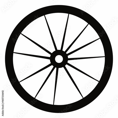 Simple black silhouette of a bicycle wheel isolated on white background