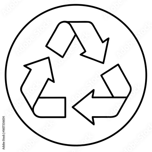 Clean line art of a universal recycling symbol with chasing arrows isolated on white background