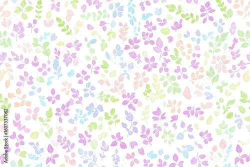 Delicate, pastel-colored, abstract leaf pattern on a white background.  Small, stylized leaves and stems in various shades of light purple, 