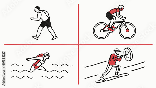 Illustration showing four different sporting activities including running cycling swimming and biathlon sport