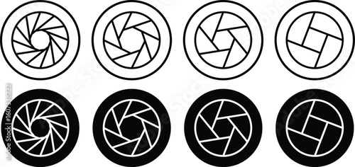 Set photo camera lens diaphragm. Aperture icon set. Camera shutter icon. Lens aperture, photo shutter, photo lens, shutter lens. Represent capture and shoot.
