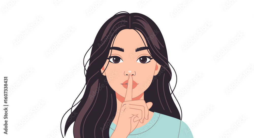 Keep a secret! Young woman gesture for silence with curious and playful expression Keep a secret! Young woman gesture for silence with curious and playful expression