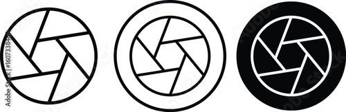 Set photo camera lens diaphragm. Aperture icon set. Camera shutter icon. Lens aperture, photo shutter, photo lens, shutter lens. Represent capture and shoot.
