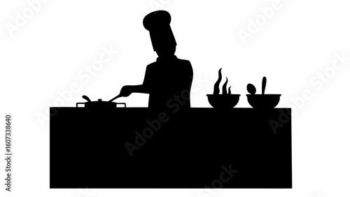 Silhouette of a chef cooking at a stove with bowls and utensils on a counter in a kitchen scene image | editable eps vectors