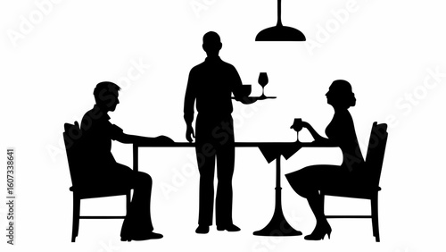 Silhouette of a couple seated at a dining table being served by a waiter in a restaurant setting nicely done | editable eps vectors