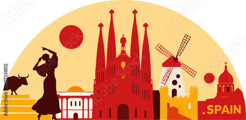 Flat vector artwork of Spain with flamenco dancer, bull, cathedral and windmills in bold red tones. Conceptual Spanish travel banner
