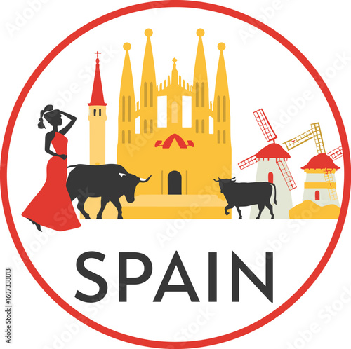 Flat vector emblem of Spain showing flamenco dancer, bulls, windmills and cathedral. Spanish traditional culture and tourism concept