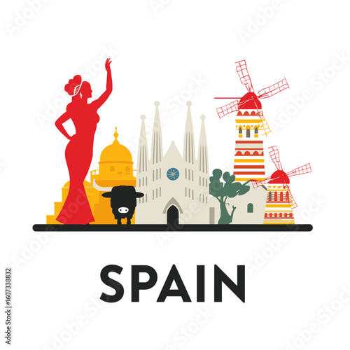 Colorful vector design of Spain with flamenco dancer, bull, cathedral and windmills. Symbolic travel illustration showing Spanish culture and heritage