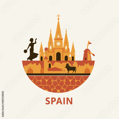 Minimal vector illustration of Spain featuring flamenco dancer, bull, cathedral and fortress. Warm-toned Spanish cultural design with texture pattern