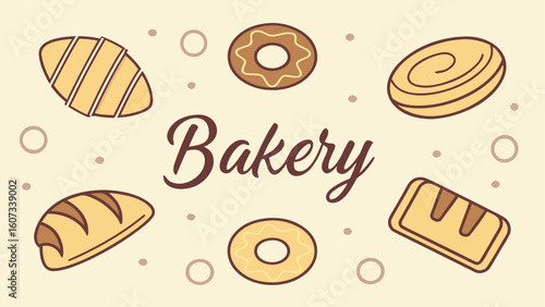 Bakery illustration with various pastries and sweet treats representing a small local shop with fresh baked goods