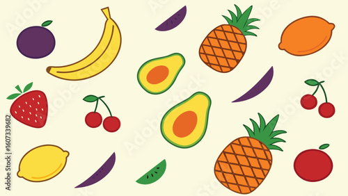 Colorful and Fresh Fruit Illustration with Banana Avocado Pineapple and Cherry Arrangement for Healthy Lifestyle and Nutrition