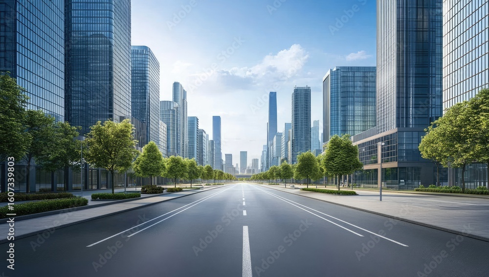 Urban avenue, modern cityscape. Empty road stretches between tall glass skyscrapers, lined with lush green trees. Bright, sunny day Urban avenue, modern cityscape. Empty road stretches between tall glass skyscrapers, lined with lush green trees. Bright, sunny day