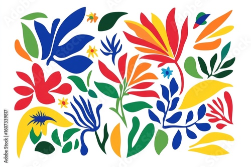 Bold, colorful floral pattern with stylized leaves and blossoms