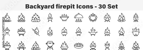 Backyard Fire Pit and Outdoor Living Icon Collection. Line Art 30 Set Icon Collection Vector Illustration