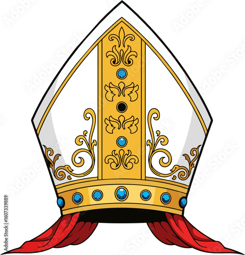 Elegant Gold and White Bishop Mitre Hat with Blue Gems and Red Drapes – Religious Vector Illustration