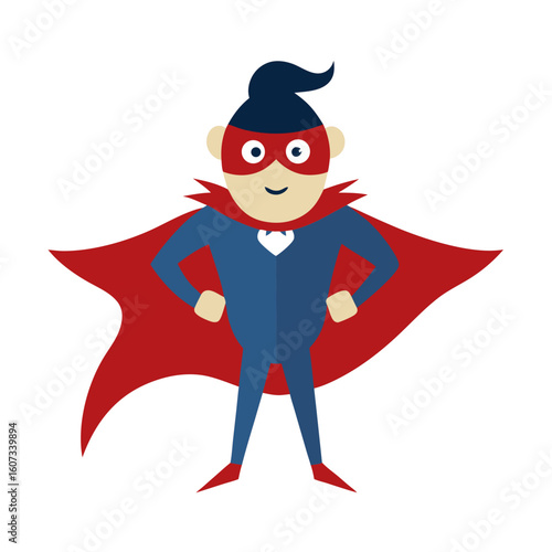 Cartoon superhero character with a red cape and blue costume standing confidently