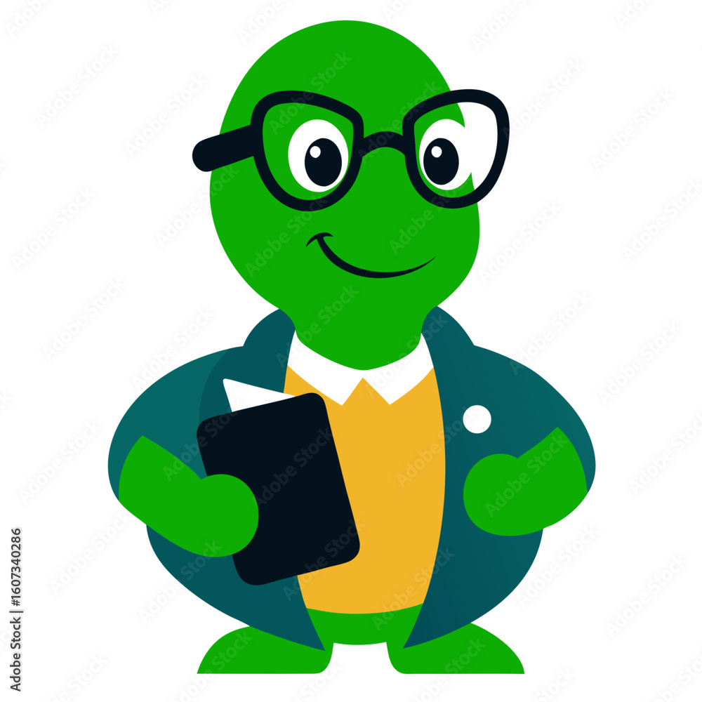 Obraz premium Friendly cartoon turtle wearing glasses and a blazer holding a book