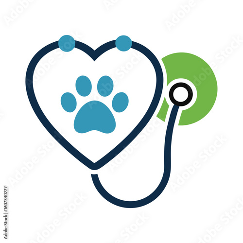 Veterinary heart stethoscope icon with paw print symbolizing animal care