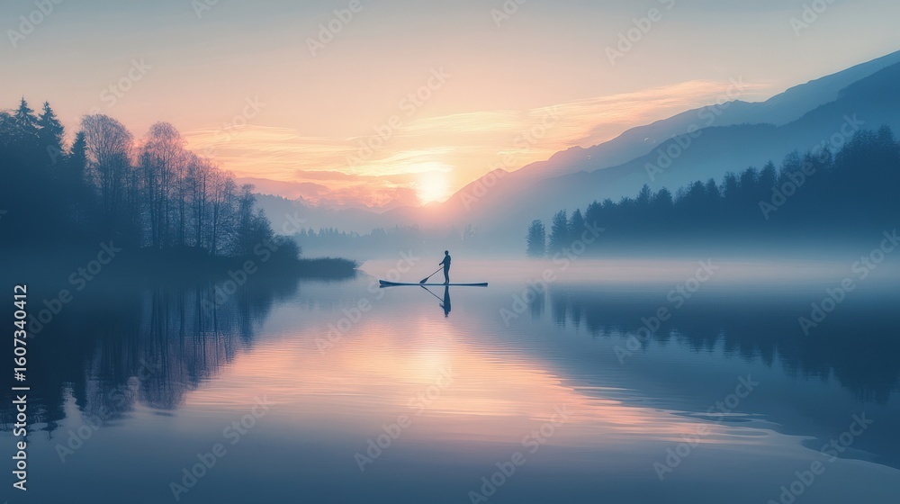 Fototapeta premium A serene lake scene at sunrise with a person paddleboarding.