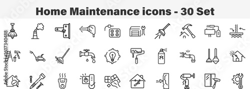 Home Maintenance and Repair Service Line Icons. Line Art 30 Set Icon Collection Vector Illustration