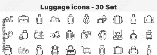 Travel Luggage and Baggage Vector Icon Set. Line Art 30 Set Icon Collection Vector Illustration