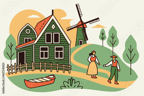 Zaanse Schans with clogs, windmills, and traditional green wooden houses, visitors watching artisans paint ceramics, modern flat illustration style
