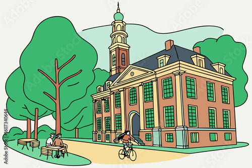 Leiden university area with historic buildings, students cycling to class, and cafes serving apple pie and cappuccinos, modern flat illustration style