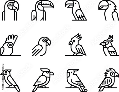 Collection of stylized line art icons of various tropical birds