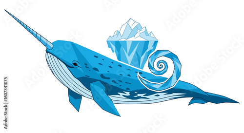 Stylized Blue Narwhal with Iceberg and Spiral, a Majestic Marine Creature