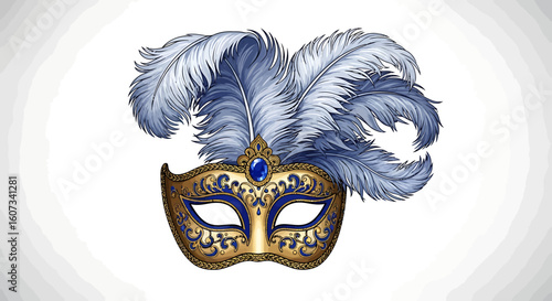 Elegant Blue and Gold Venetian Carnival Mask with Delicate Feather Accents