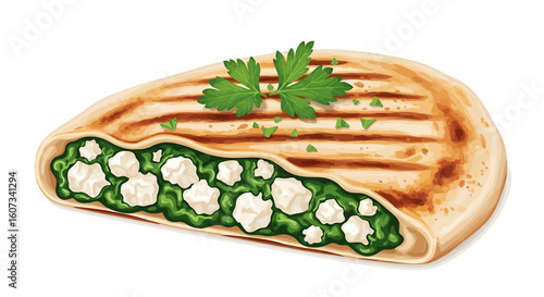 Delicious and Healthy Spanakopita Illustration with Fresh Spinach and Feta Cheese