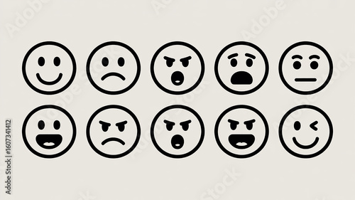 Diverse facial expressions shown in simple line art emotions faces