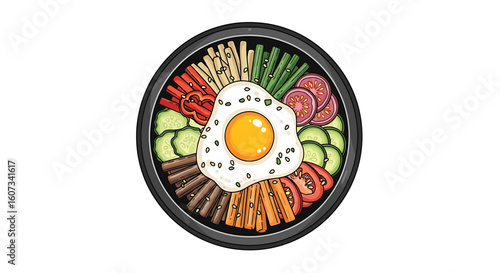 Delicious Bibimbap Bowl Illustration Featuring a Fried Egg and Assorted Vegetables