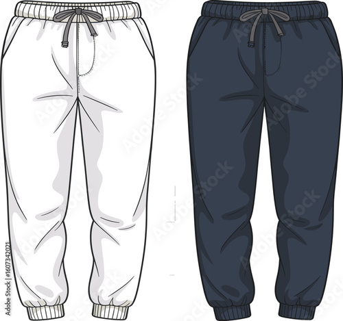 Jogger sweatpants front view fashion template, elastic waistband casual pants with drawstring and cuffed hem, CAD flat vector illustration