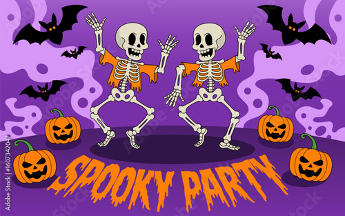 Halloween Promotion Poster. Happy Halloween party greeting card. Halloween night Invitation. Spooky flyer background template. Halloween card design with dancing skeleton celebrating October 31st.