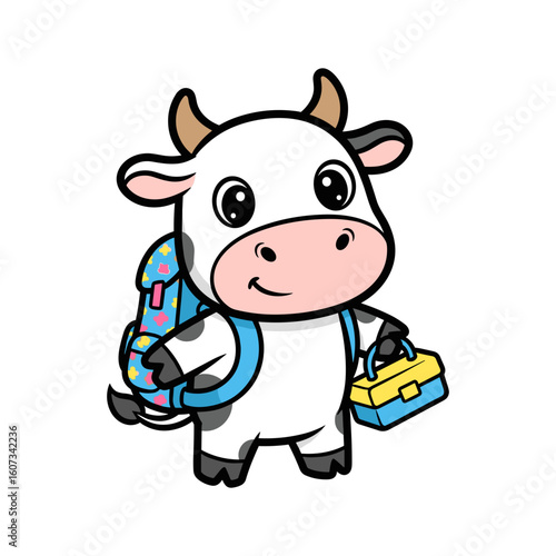 Cute Cartoon Cow Student with Backpack and Lunchbox Ready for School