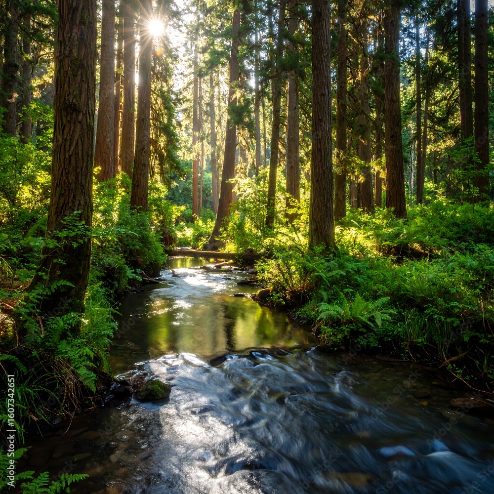 Sunlight streams through forest on a small creek Sunlight streams through forest on a small creek