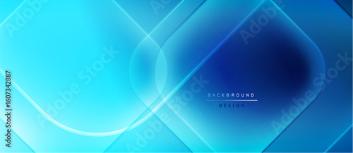 Abstract blue background features geometric shapes, lines, gradients. Modern design evokes technology, innovation, sleekness. Minimalist aesthetic.