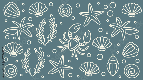 Seamless pattern with sea life elements seashells starfishes crab and algae on the grey background for textile design and backgrounds