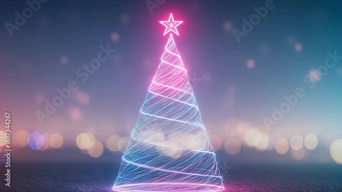 Elegant Neon Christmas Tree Animation with Glowing Star Topper and Bokeh Background