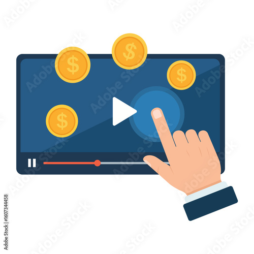 Flat vector of hand clicking video player with coins representing online income monetization video marketing digital revenue and streaming business

