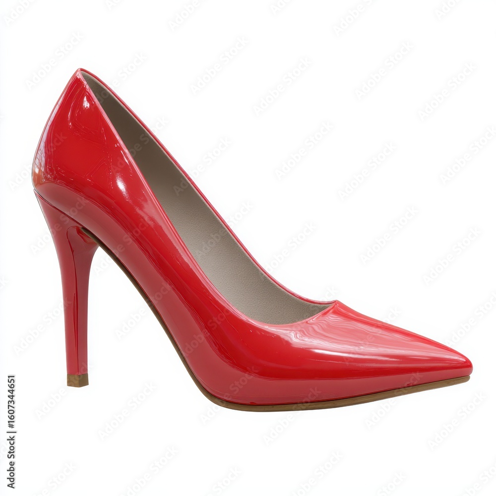 Obraz premium Shiny red patent leather stiletto high heel shoe isolated on white background