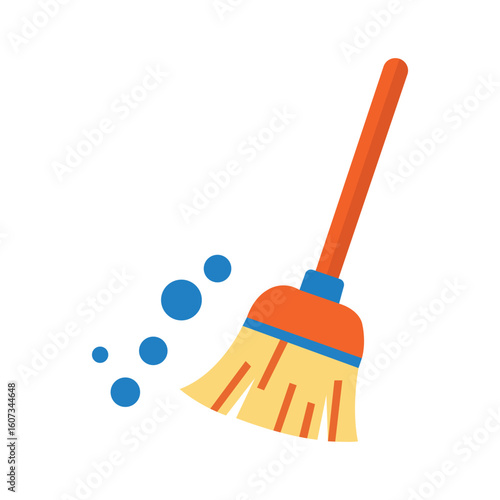 Flat style broom sweeping dust particles representing cleanliness hygiene home cleaning housekeeping and sanitation service vector design

