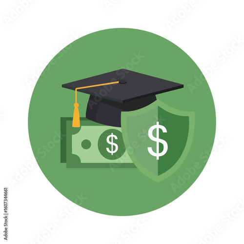 Graduation cap with dollar money bag in flat vector style representing education finance scholarship savings and student loan funding concepts

