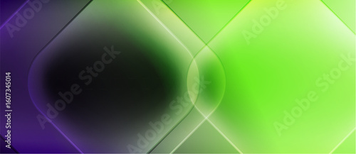 Abstract composition featuring vibrant green, purple hues. Geometric shapes intersect, creating luminous gradients, soft shadows. Modern design.