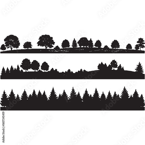 Forest Landscape Silhouettes Set - Black Vector Borders with Trees and Hills for Nature Design