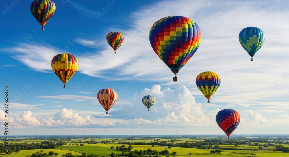 Obraz premium Vibrant hot air balloons soar across a clear blue sky above a lush green landscape on a beautiful sunny day